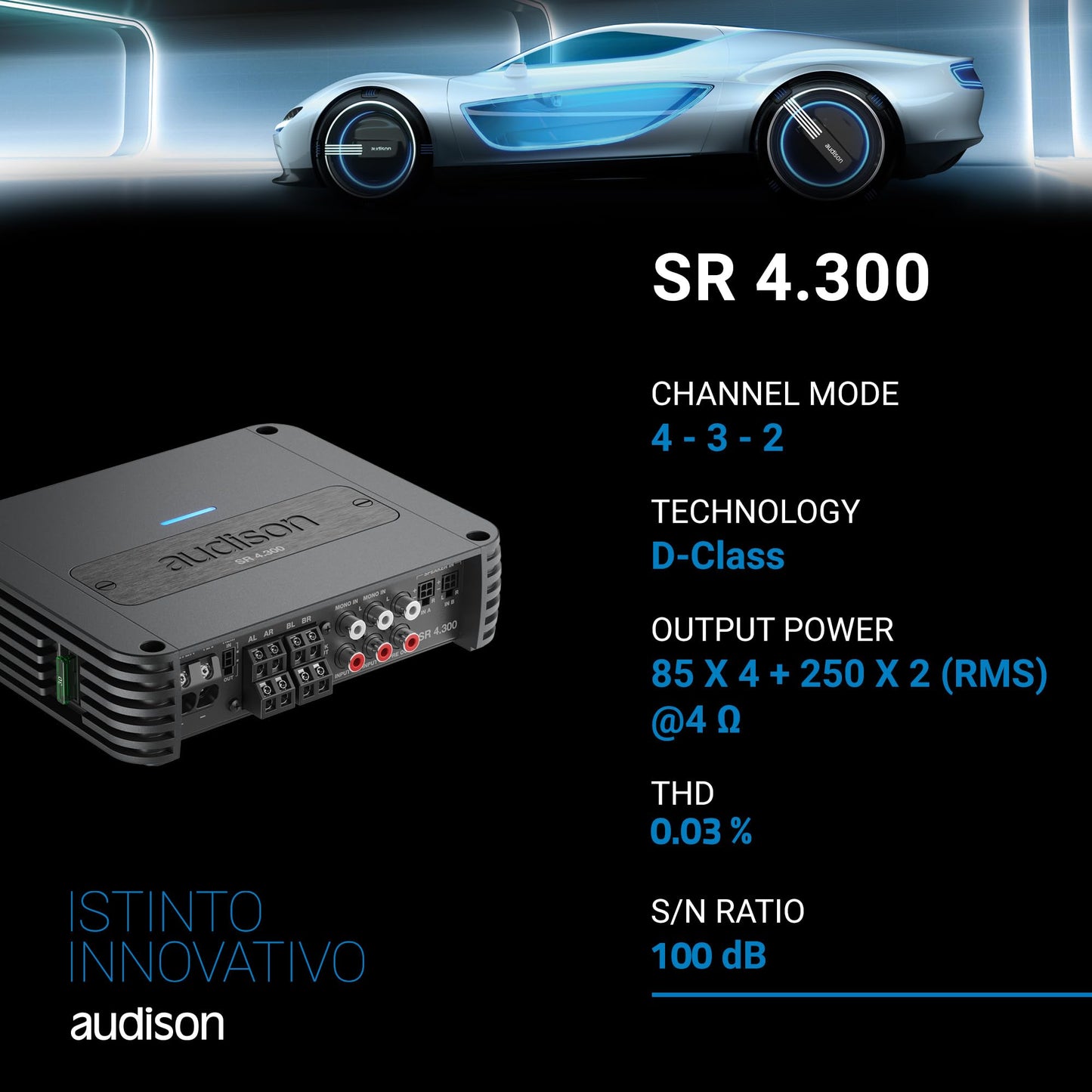 Audison SR 4.300.2 D-Class 4-Channel Amplifier 130 Wrms X 4 at 2-Ohms