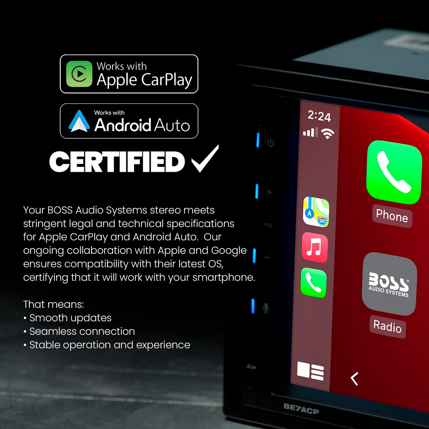BOSS Elite BE10ACP.XC SDIN 10" Floating Screen AM FM BT USB Stereo, CarPlay, Android Auto, Backup Camera