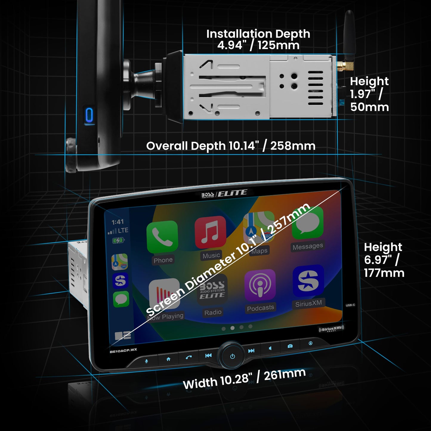 BOSS Elite BE10ACP.WX SDIN 10" Floating Screen AM FM BT USB Car Stereo, Wireless CarPlay, Android Auto