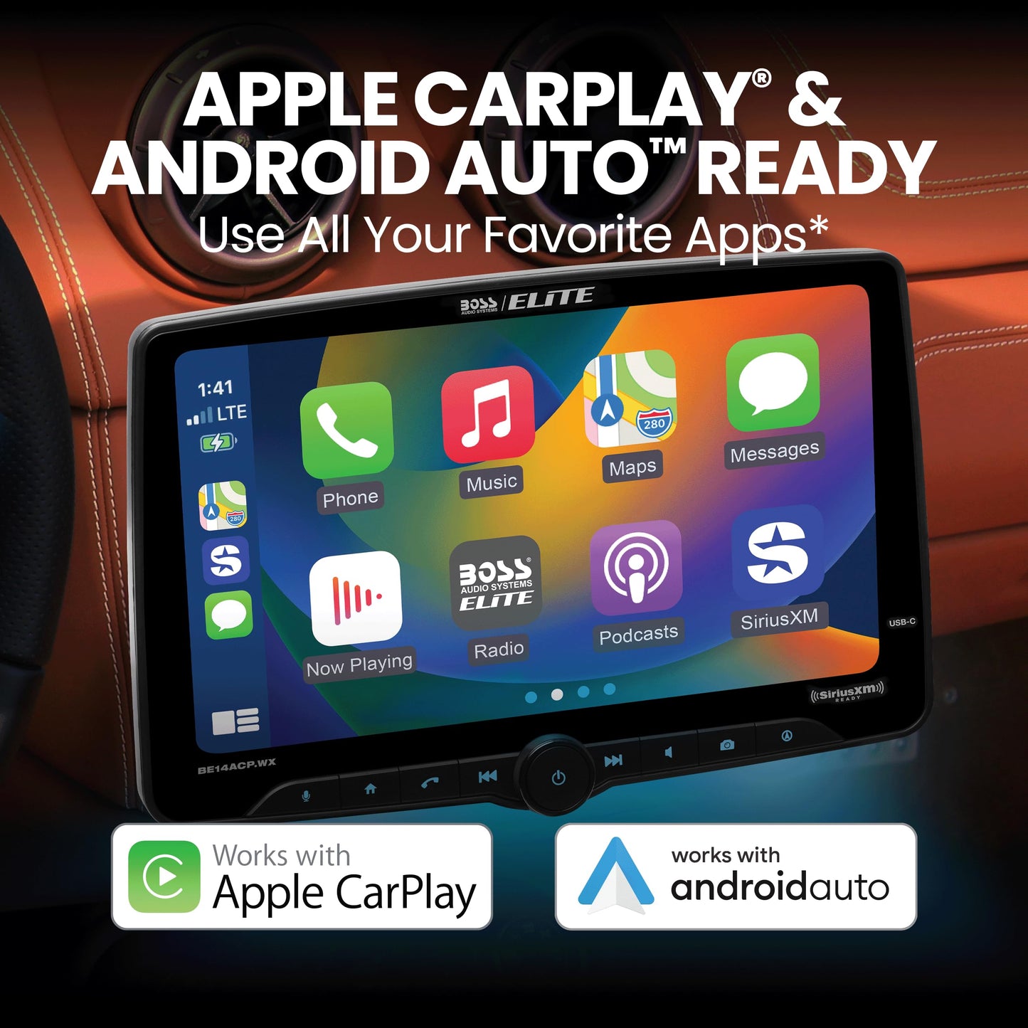 BOSS Elite BE14ACP.WX SDIN Car Stereo, Wireless Apple CarPlay, Android Auto