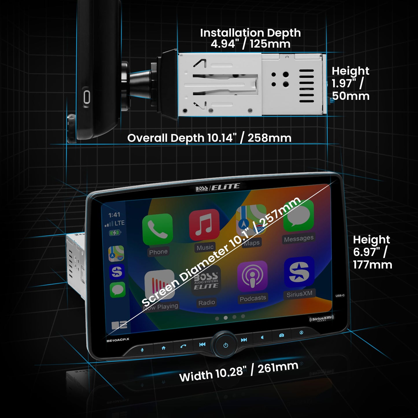 BOSS Elite BE10ACP.X SDIN 10" Floating Screen AM FM BT USB Car Stereo, Wireless CarPlay, Android Auto