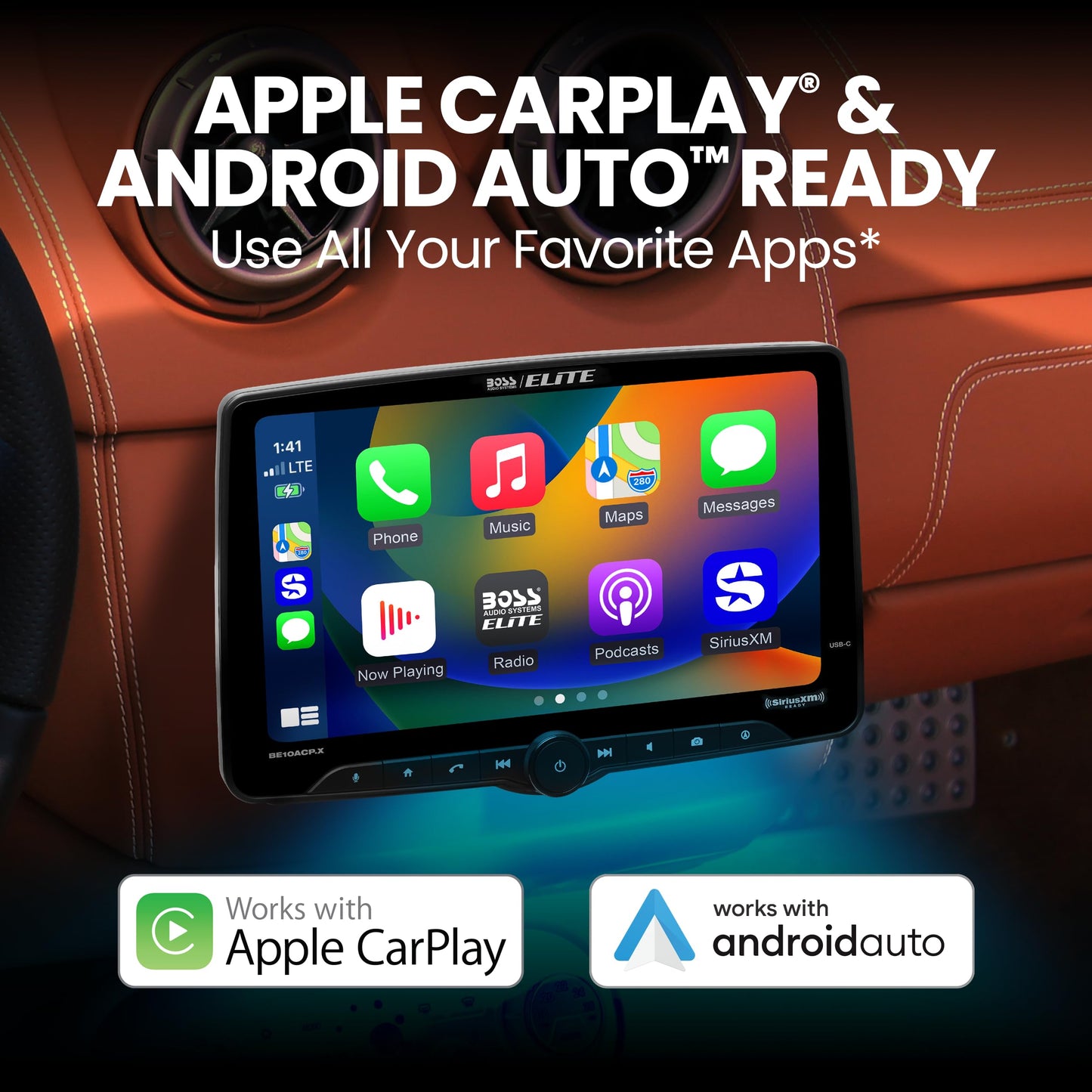 BOSS Elite BE10ACP.X SDIN 10" Floating Screen AM FM BT USB Car Stereo, Wireless CarPlay, Android Auto