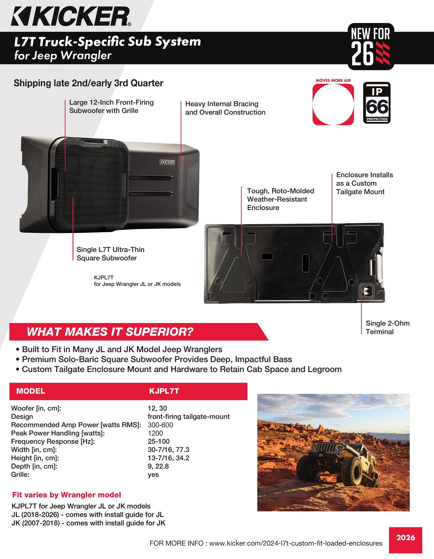 Kicker 51KJPL7T122 L7T 12" Tailgate-Mount Loaded Subwoofer Enclosure 2Ω for Jeep Wrangler JK/JL