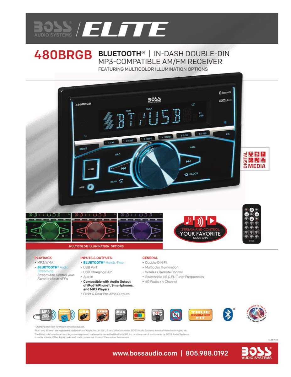 BOSS Audio 480BRGB AM FM USB Bluetooth DDIN Multi-Color Car Stereo
