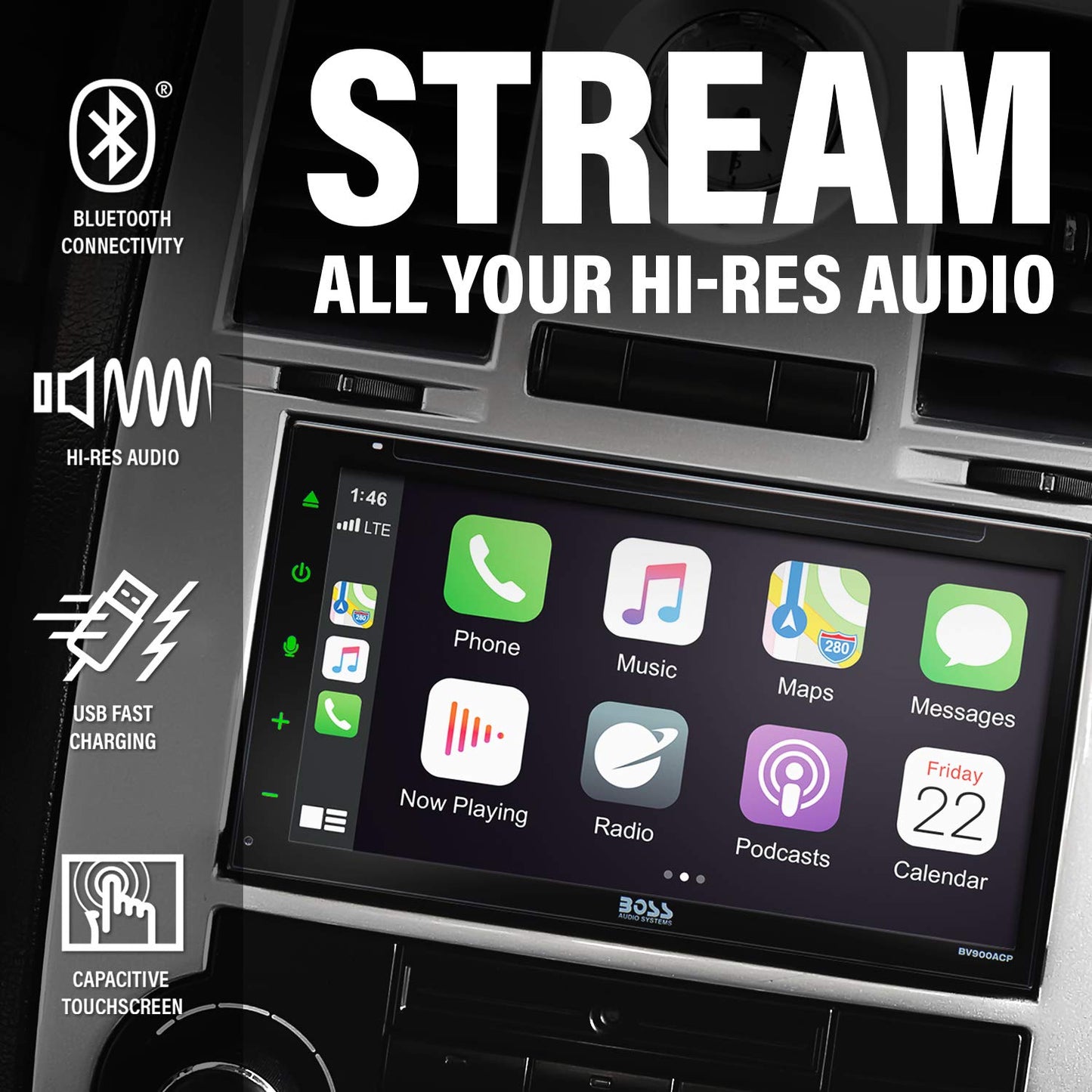 BOSS Elite BV900ACP 6.75" Stereo Apple CarPlay, Android Auto, BT DVD USB AM FM