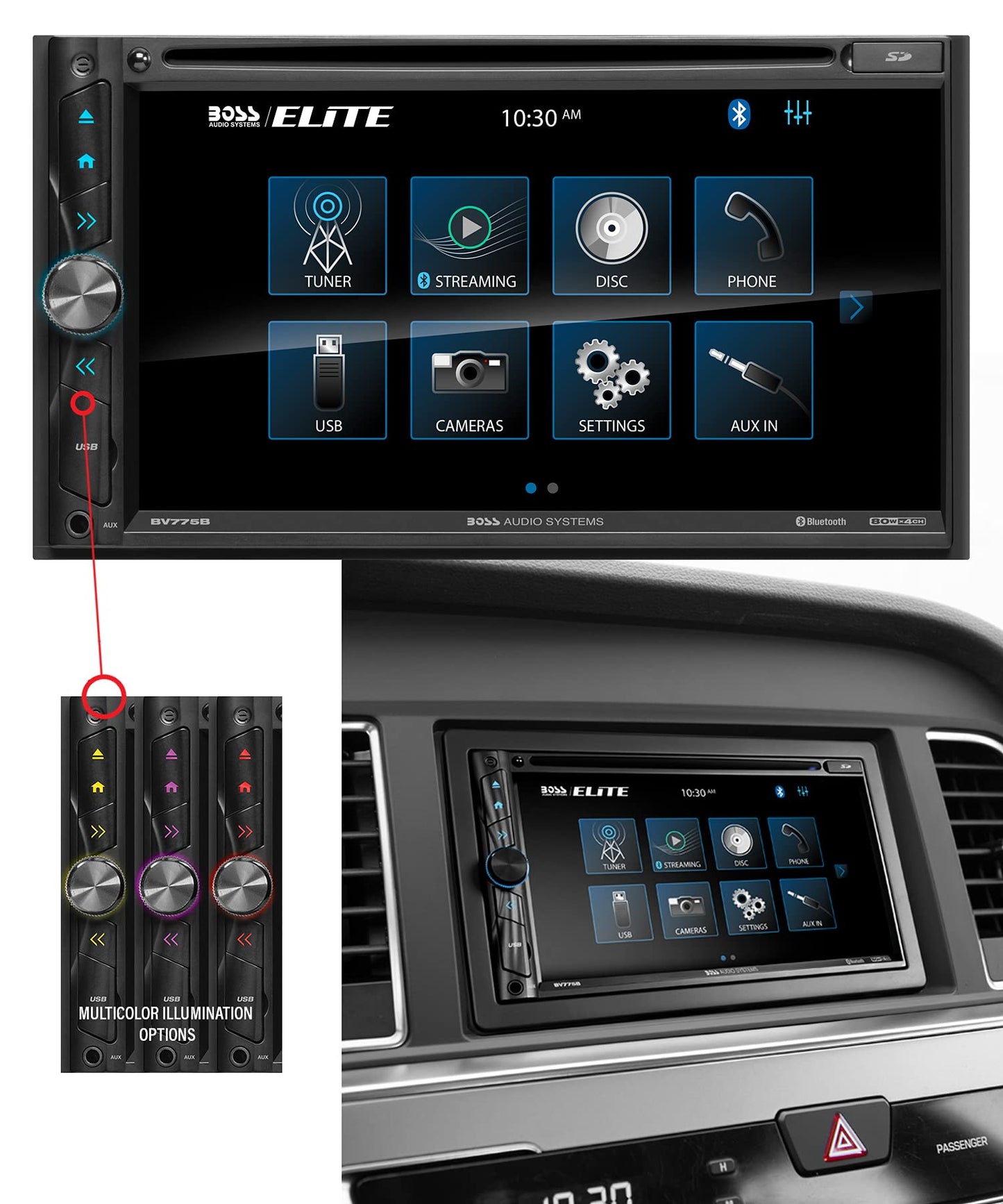 BOSS Audio BV775B 6.95" AM FM Bluetooth USB DVD AUX Car Stereo, Screen Mirroring 80Wx4
