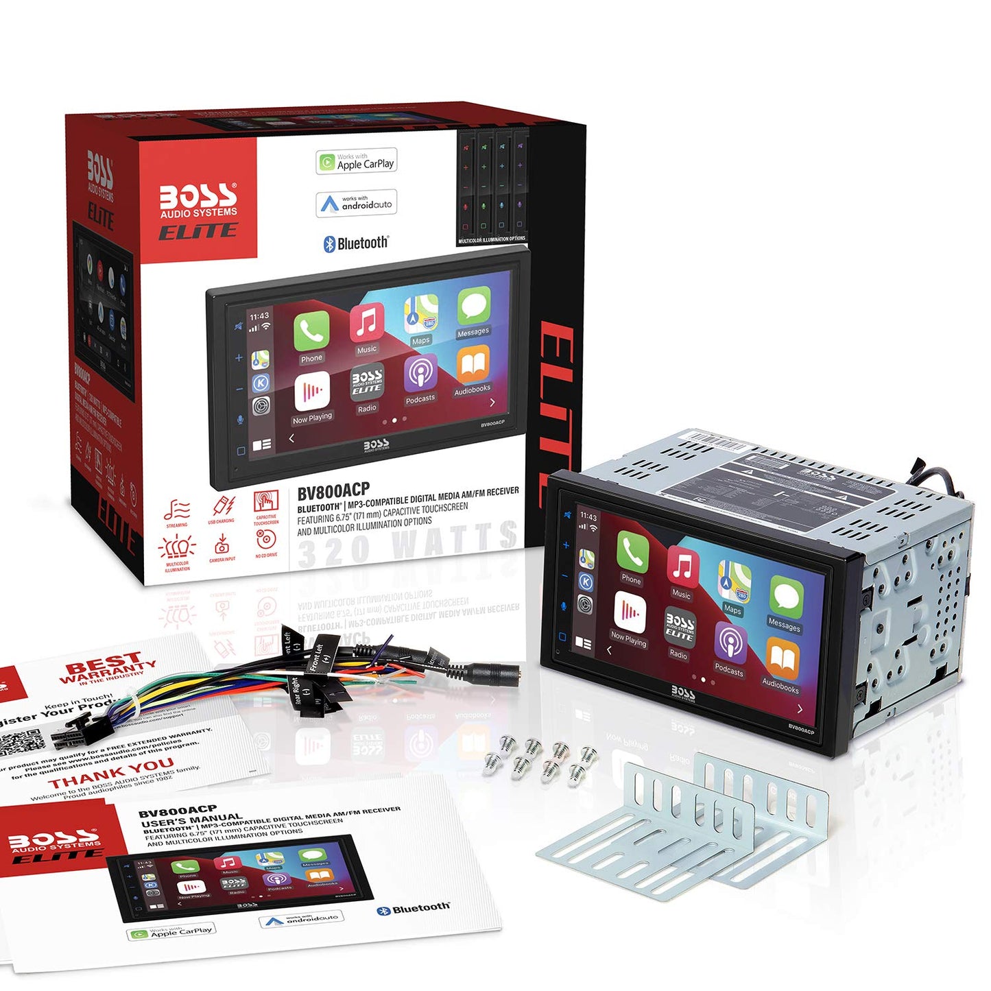 BOSS Audio BV800ACP 6.75" AM FM USB BT Car Stereo Apple CarPlay Android Auto