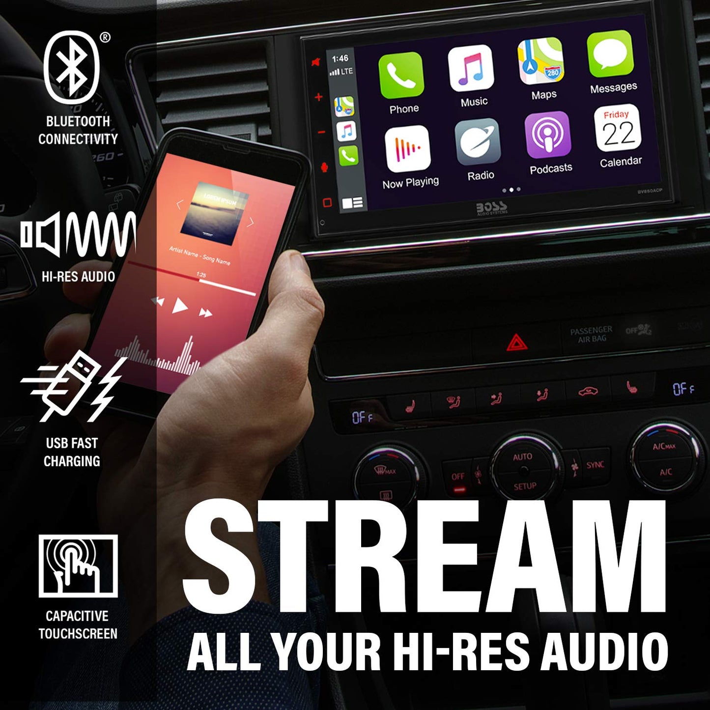 BOSS Audio BV850ACP 6.75" AM FM USB BT Car Stereo Apple CarPlay Android Auto + Backup Camera