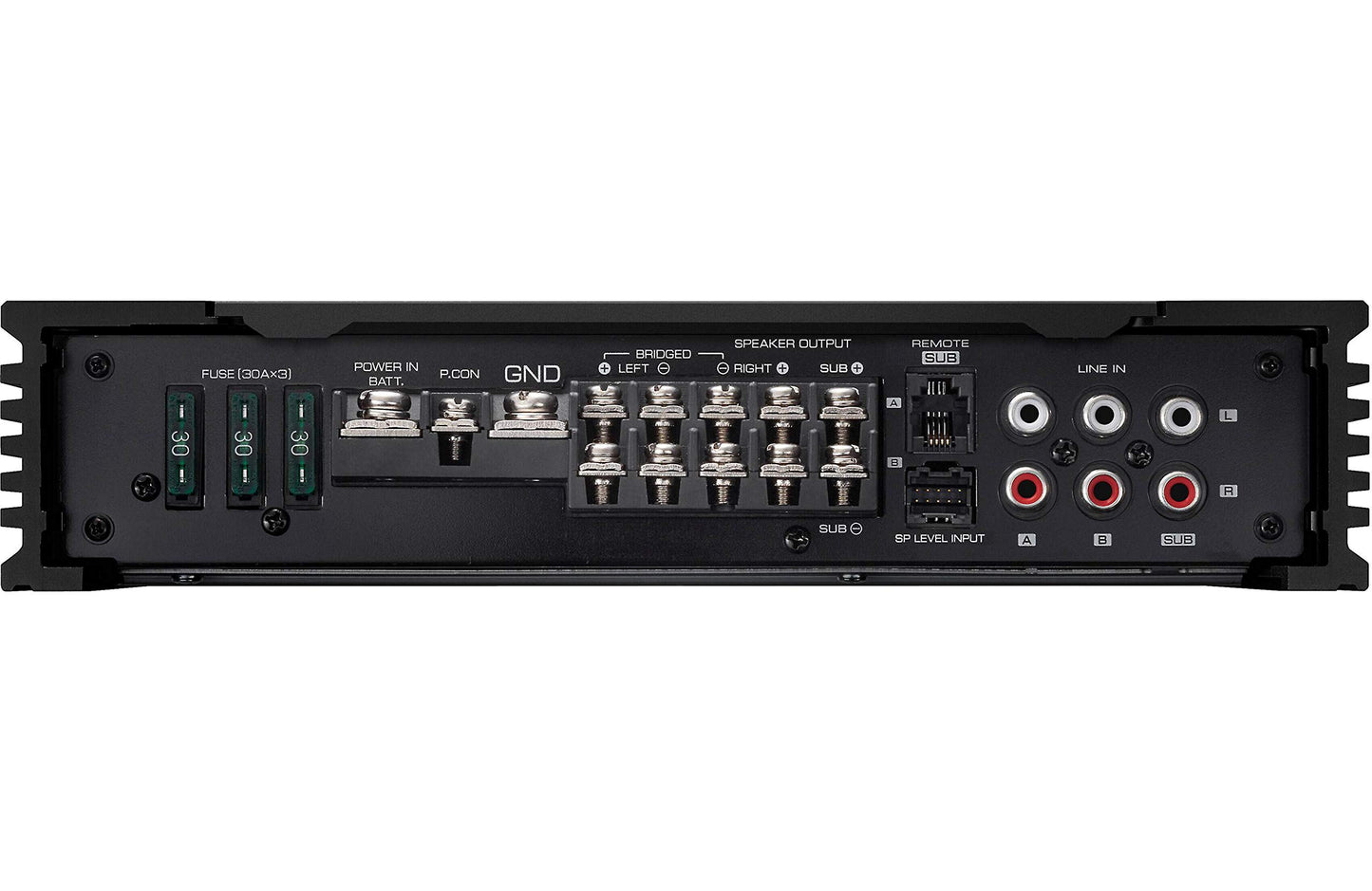 Rear view of Kenwood X802-5 eXcelon 5 Channel car audio amplifier showing four outputs