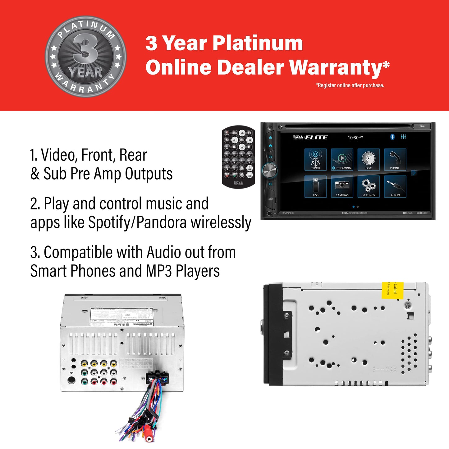 BOSS Audio BV775B 6.95" AM FM Bluetooth USB DVD AUX Car Stereo, Screen Mirroring 80Wx4