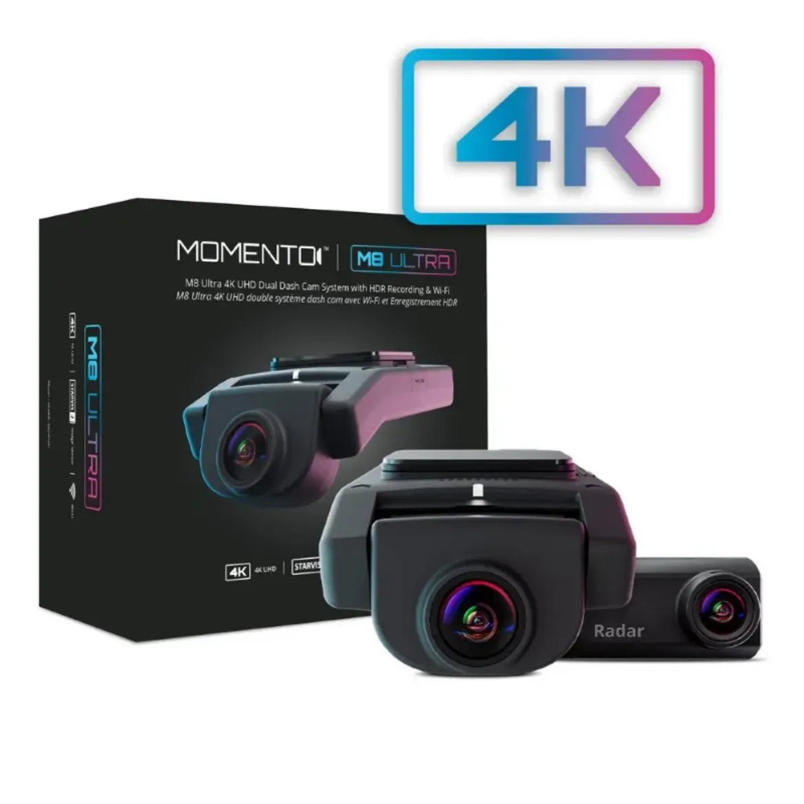 Momento MD-8500 M8 Ultra front and rear dash cameras with retail packaging