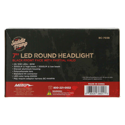 Metra BC-703B 7 Inch Black LED Motorcycle Headlight Partial Halo