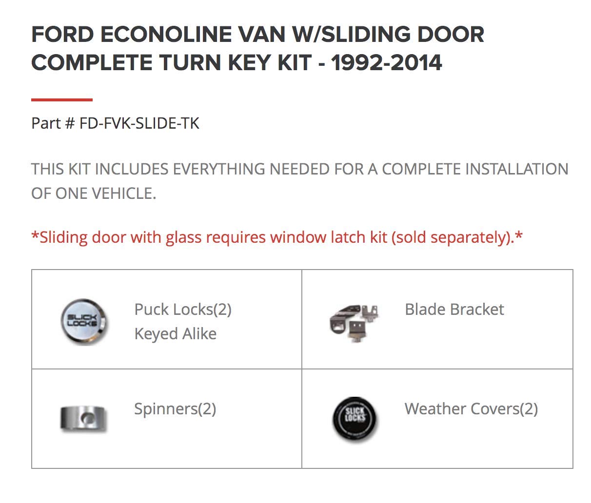 Slick Locks Puck Lock Kit 1992-2014 Ford Econoline E150 E250 E350 FD-FVK-SLIDE-TK