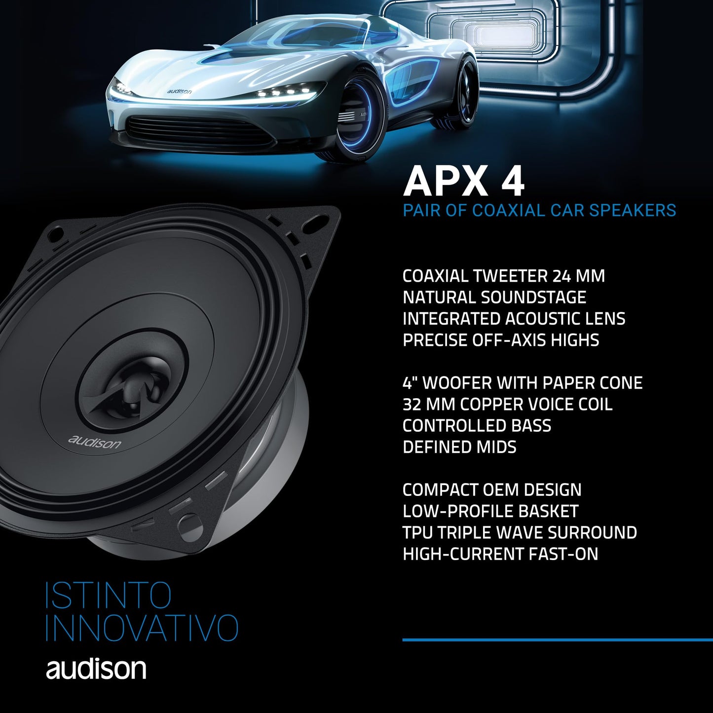 Audison APX 4 Prima Series 4" (100mm) 2-Way Coaxial Speakers (Pair)