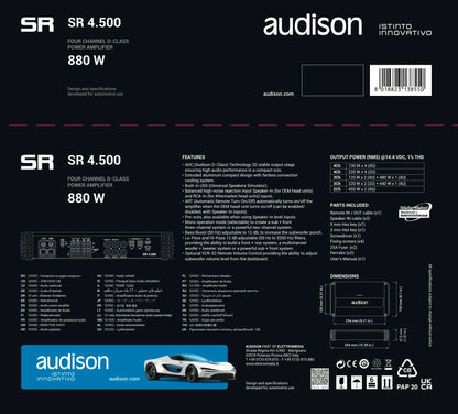 Audison SR 4.500.2 D-Class 4-Channel Amplifier 220 Wrms X 4 at 2-Ohms