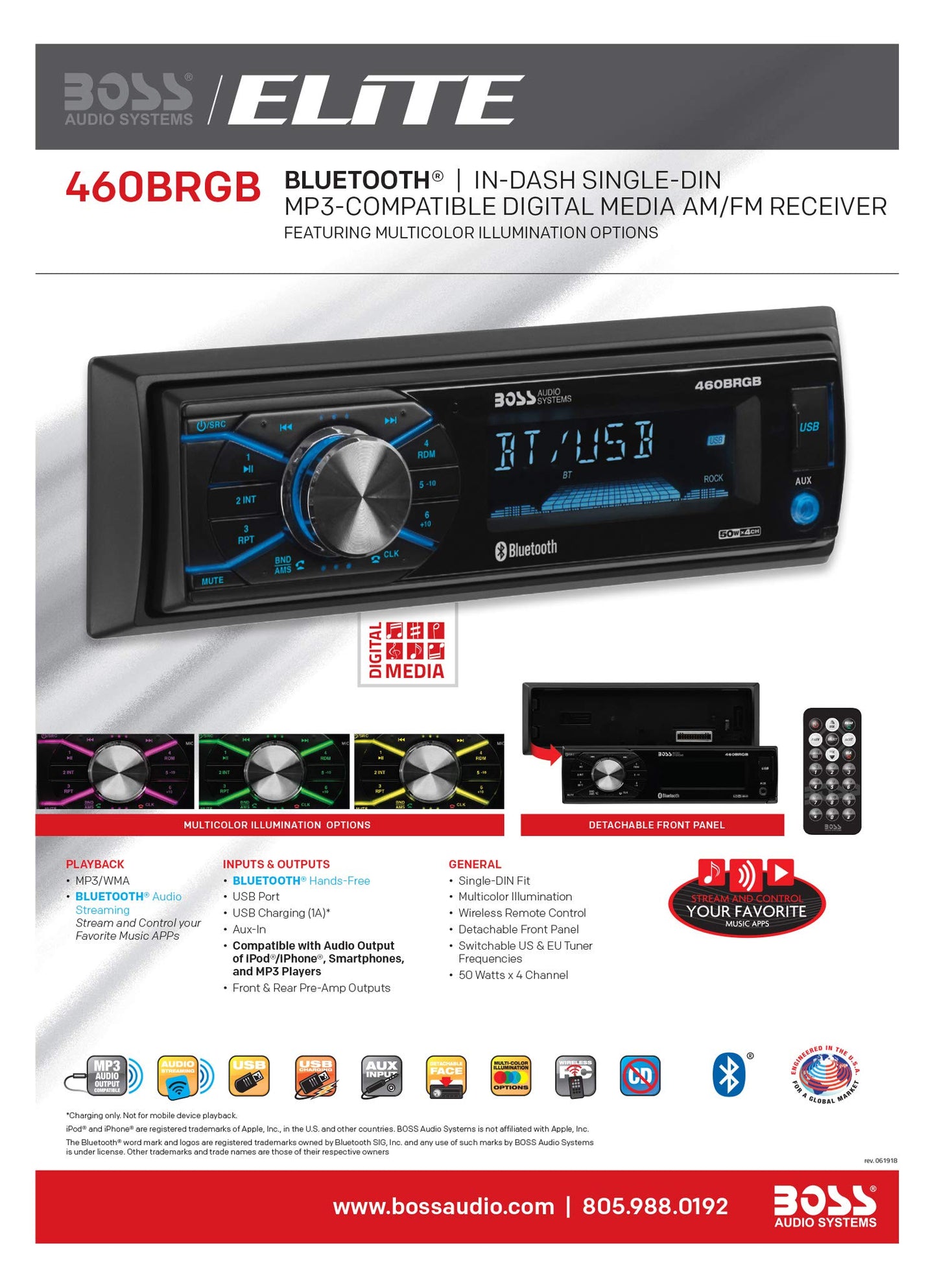 BOSS Audio Elite 460BRGB Car Stereo - Single Din, Bluetooth, AM/FM/USB/AUX (No CD)