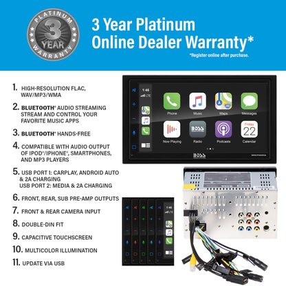 BOSS MRCP9685A Marine CarPlay Android Auto 6.75" Receiver w/ Bluetooth & Camera Input