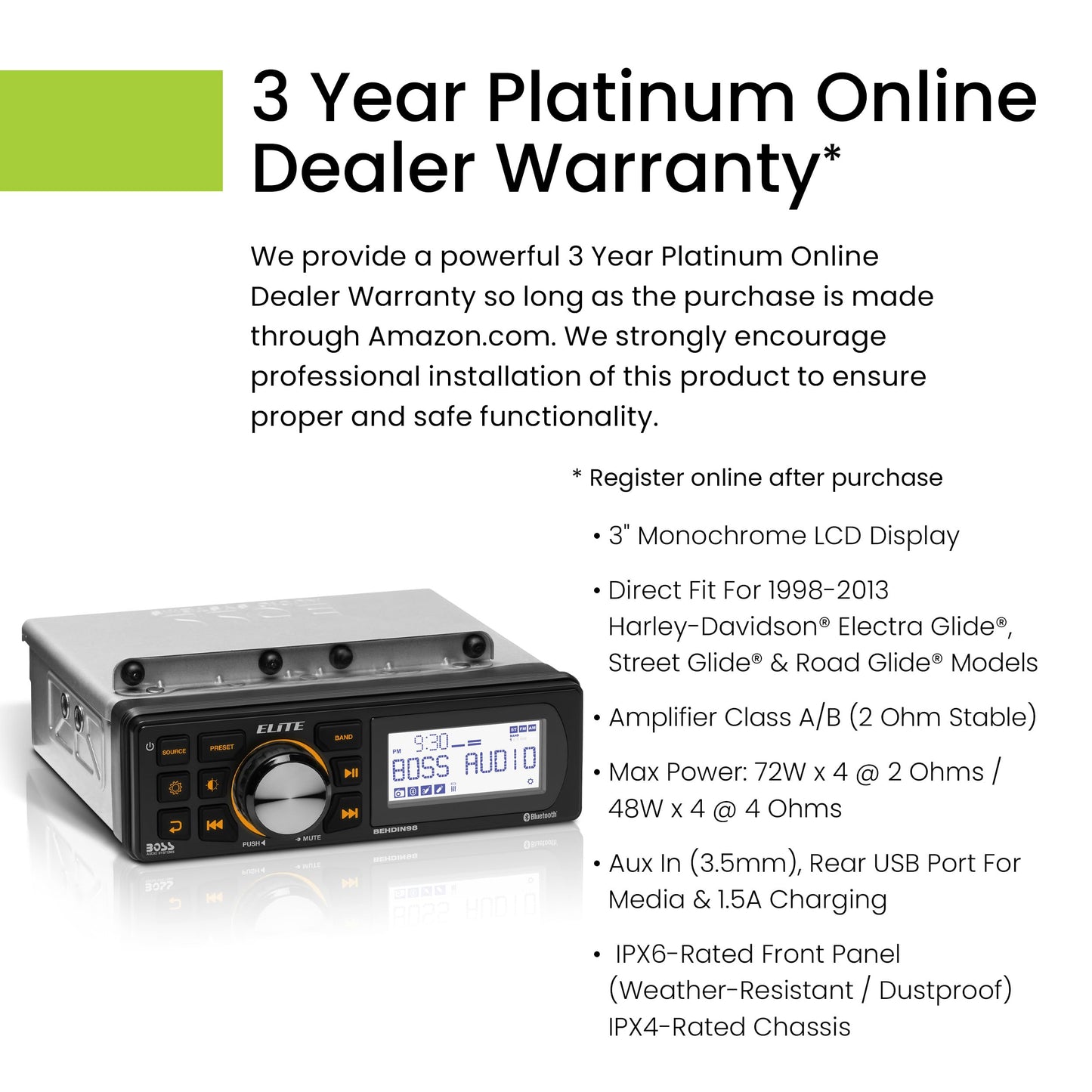 BOSS Elite BEHDIN98 Bluetooth 288W AM/FM Radio Receiver | Fits Harley 1998-2013