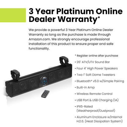 BOSS BRT26A 26" Bluetooth Amplified Sound Bar for UTV/ATV (Weatherproof)