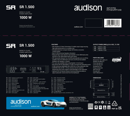 Audison SR 1.500.2 D-Class Mono Bass Amplifier 1000 Wrms X 1 at 1-Ohms