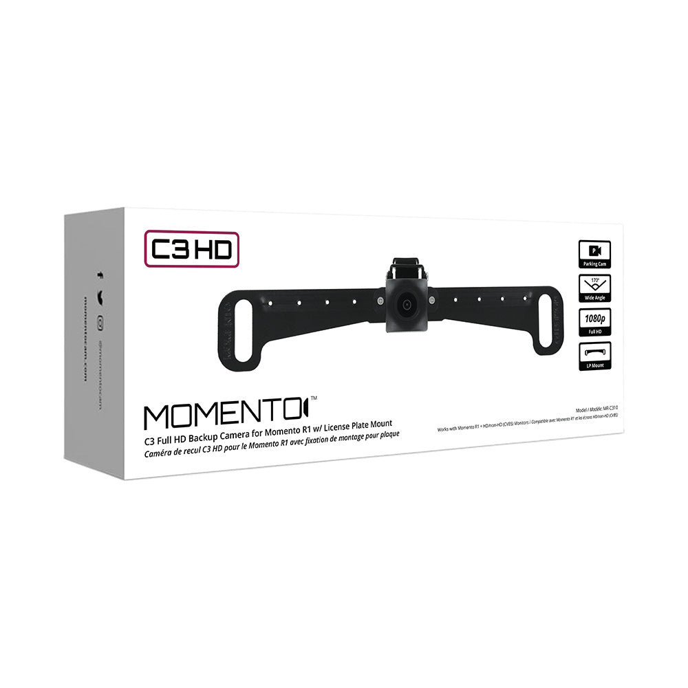 Momento MR-C310 C3 HD license-plate backup camera and labeled retail packaging