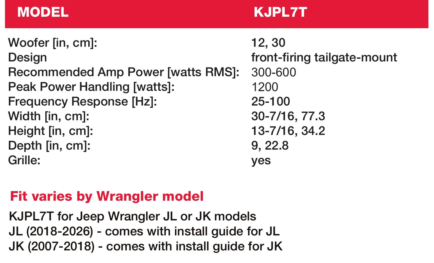 Kicker 51KJPL7T122 L7T 12" Tailgate-Mount Loaded Subwoofer Enclosure 2Ω for Jeep Wrangler JK/JL