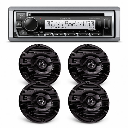 Kenwood KMR-D382BT Marine Stereo Bundle with 2 Pair of KFC-1653MRB (4 Speakers)