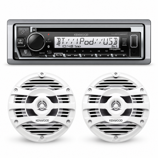 Kenwood KMR-D382BT Marine Stereo Bundle with 1 Pair of KFC-1653MRW (2 Speakers)