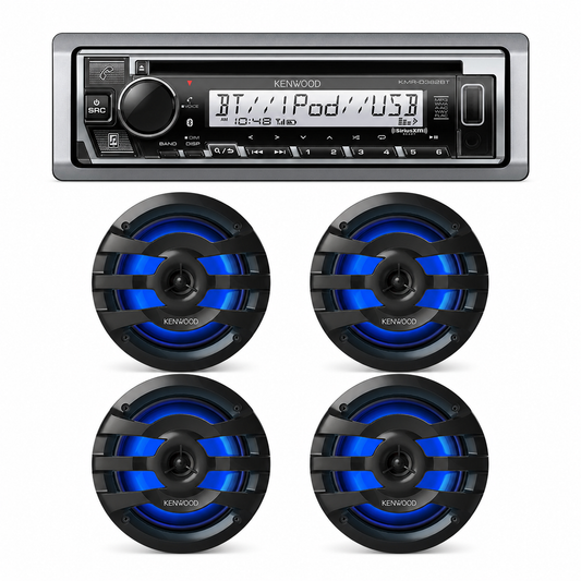 Kenwood KMR-D382BT Marine Stereo Bundle with 2 Pair of KFC-1673MRBL (4 Speakers)
