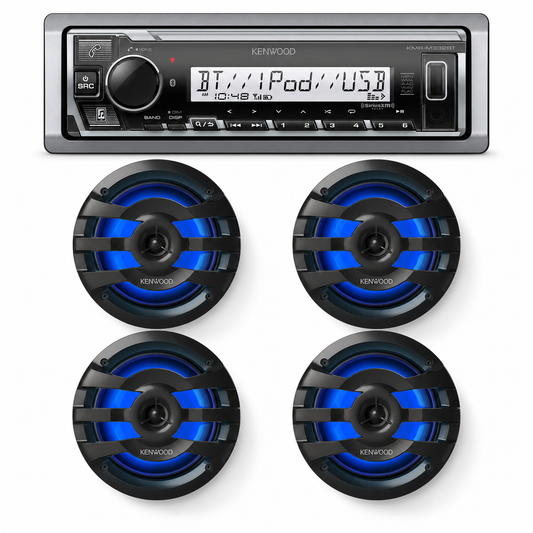 Kenwood KMR-M332BT Marine Stereo Bundle with 2 Pair of KFC-1673MRBL (4 Speakers)