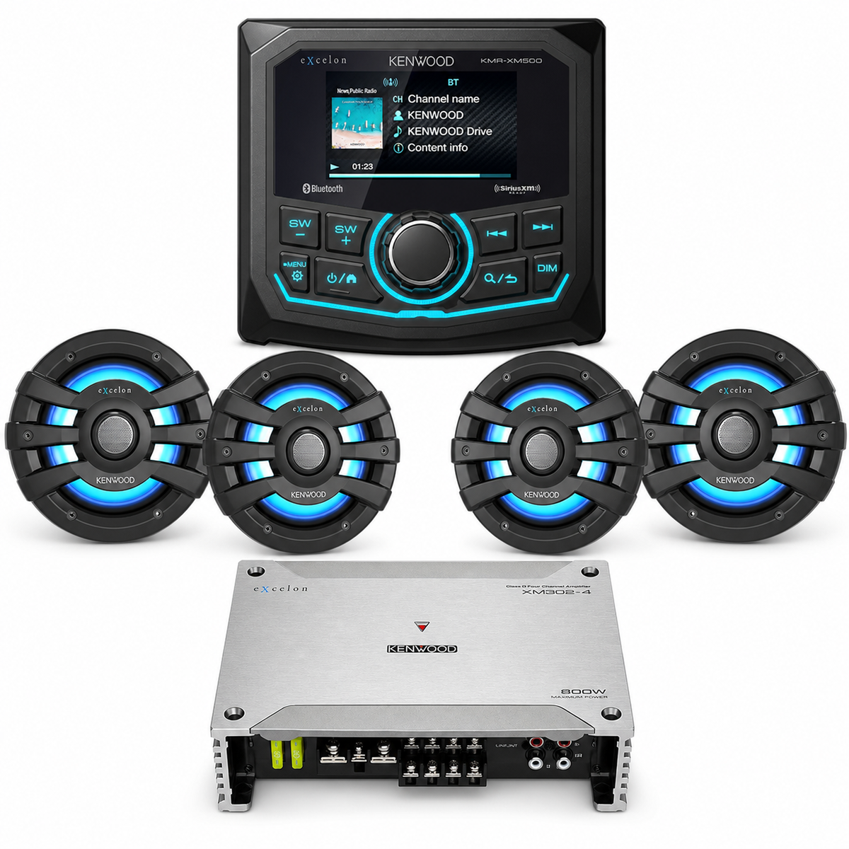 Kenwood KMR-XM500 Marine Stereo Bundle with 2 Pair of XM65BL (4 Speakers) + XM302-4 Amplifier