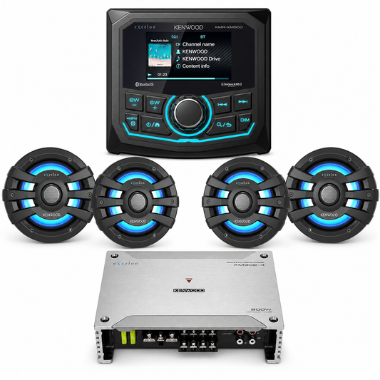 Kenwood KMR-XM500 Marine Stereo Bundle with 2 Pair of XM65BL (4 Speakers) + XM302-4 Amplifier