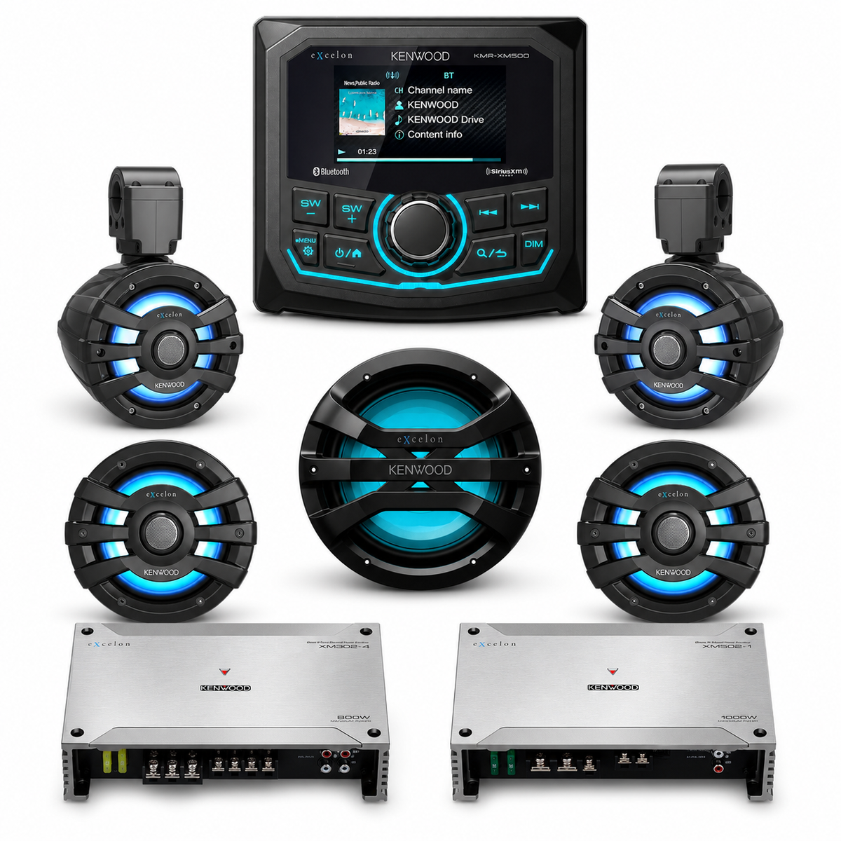 Kenwood KMR-XM500 Complete Marine Stereo System with XM65TBL, XM65BL, XM1041BL Subwoofer + Amplifiers
