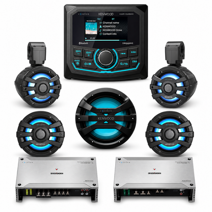 Kenwood KMR-XM500 Complete Marine Stereo System with XM65TBL, XM65BL, XM1041BL Subwoofer + Amplifiers