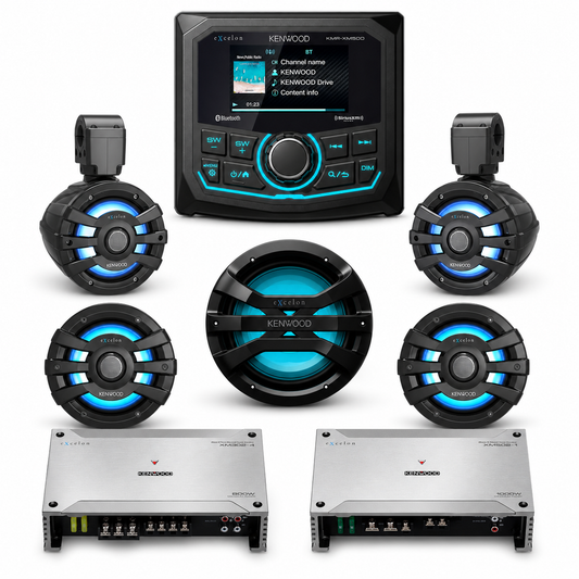 Kenwood KMR-XM500 Complete Marine Stereo System with XM65TBL, XM65BL, XM1041BL Subwoofer + Amplifiers