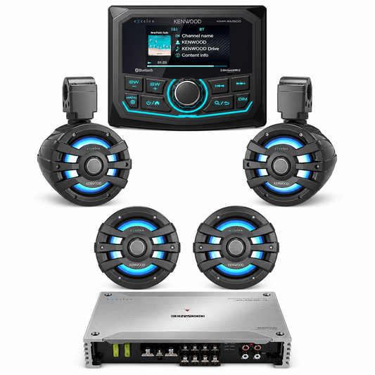 Kenwood KMR-XM500 Marine Stereo System with XM65TBL Tower Speakers, XM65BL Speakers + XM302-4 Amplifier