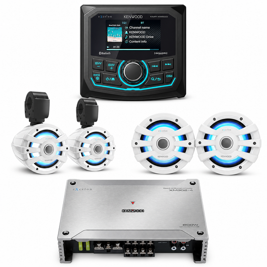 Kenwood KMR-XM500 Marine Stereo System with XM77TWL Tower Speakers, XM77WL Speakers + XM302-4 Amplifier