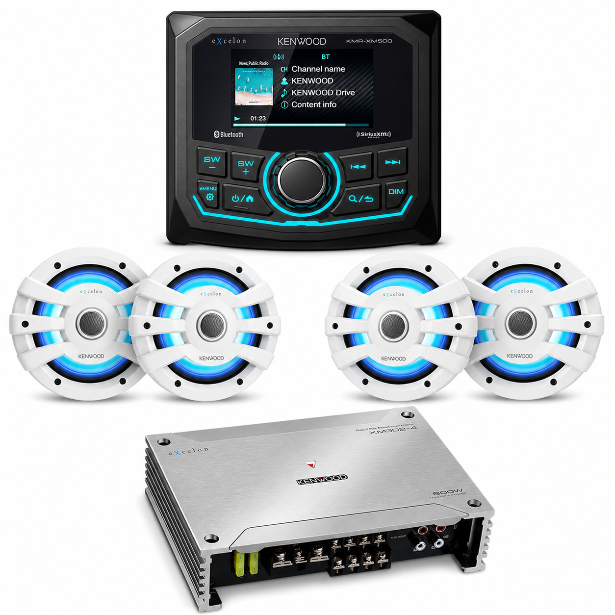 Kenwood KMR-XM500 Marine Stereo Bundle with 2 Pair of XM77WL (4 Speakers) + XM302-4 Amplifier