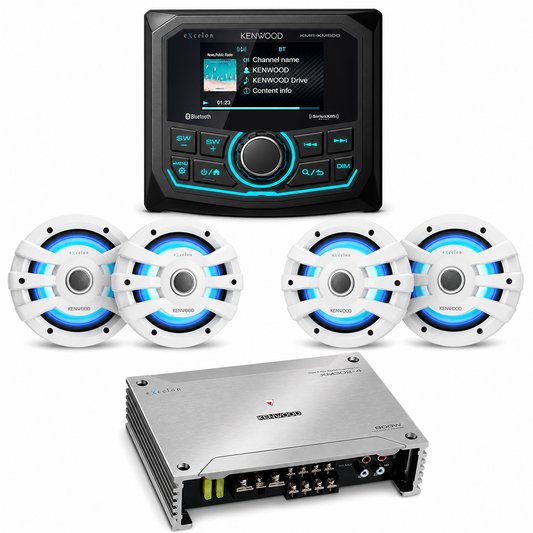 Kenwood KMR-XM500 Marine Stereo Bundle with 2 Pair of XM77WL (4 Speakers) + XM302-4 Amplifier