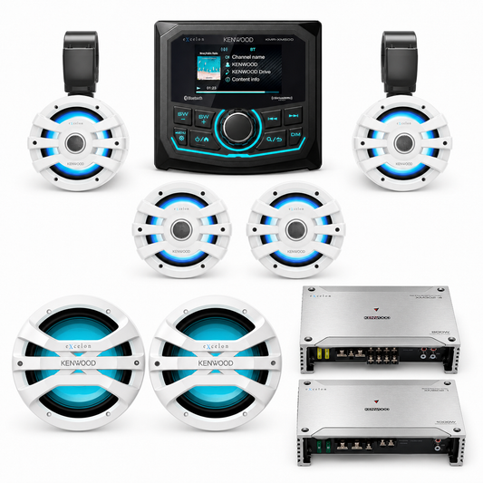 Kenwood KMR-XM500 Complete Marine Stereo System with XM77TWL, XM77WL, 2 XM1041WL Subwoofers + Amplifiers