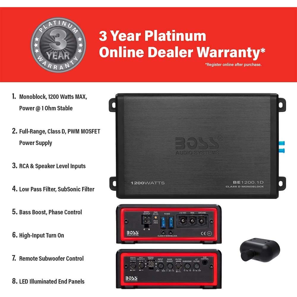 BOSS Audio BE1200.1D Class D Subwoofer Car Amplifier - 1200 Watts, 1 Ohm Stable