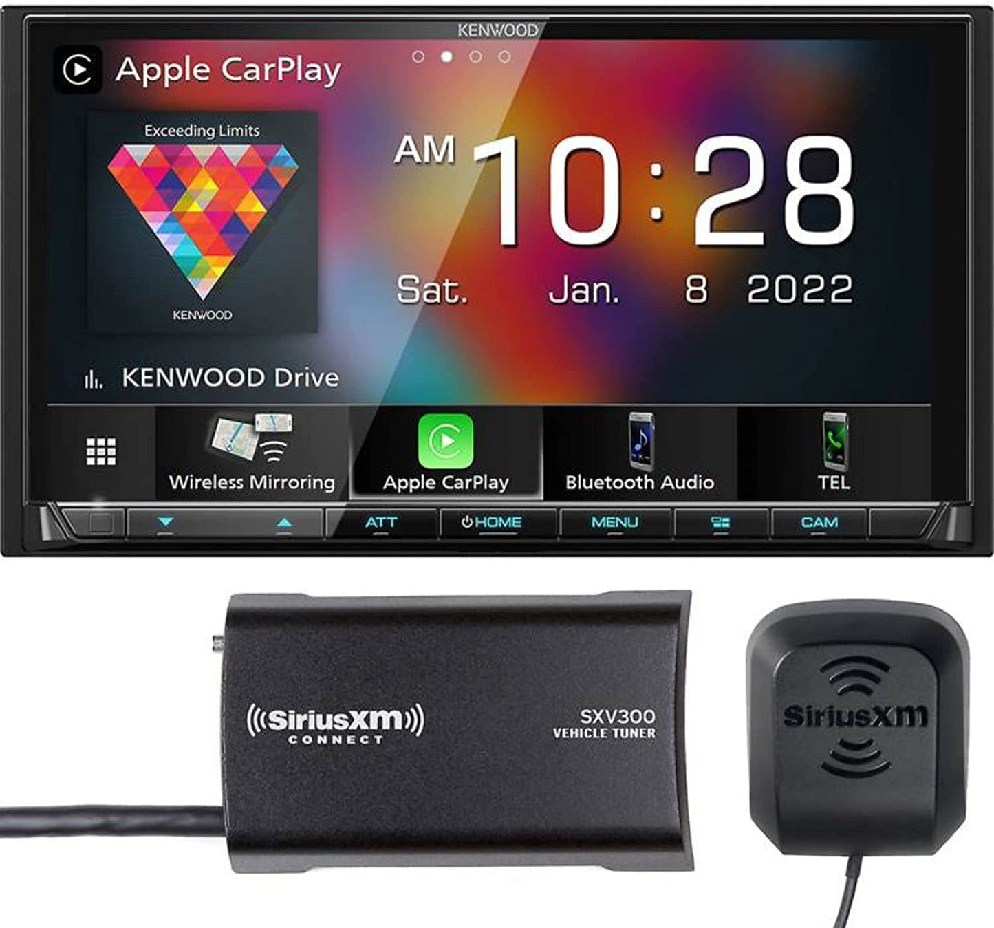 Kenwood DMX9708S 6.95" AM FM HD Bluetooth CarPlay Stereo, + SiriusXM Satellite Tuner SXV300V1