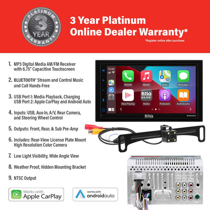 BOSS Audio BV850ACP Double-DIN CarPlay/Android Auto Receiver + Backup Camera