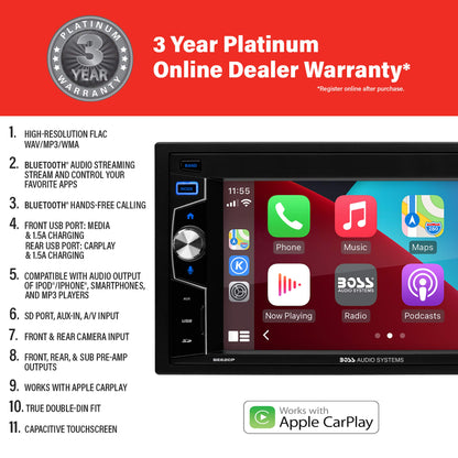 BOSS Audio BE62CP 6.2" AM FM USB Bluetooth Apple CarPlay Car Stereo Made for iPhone