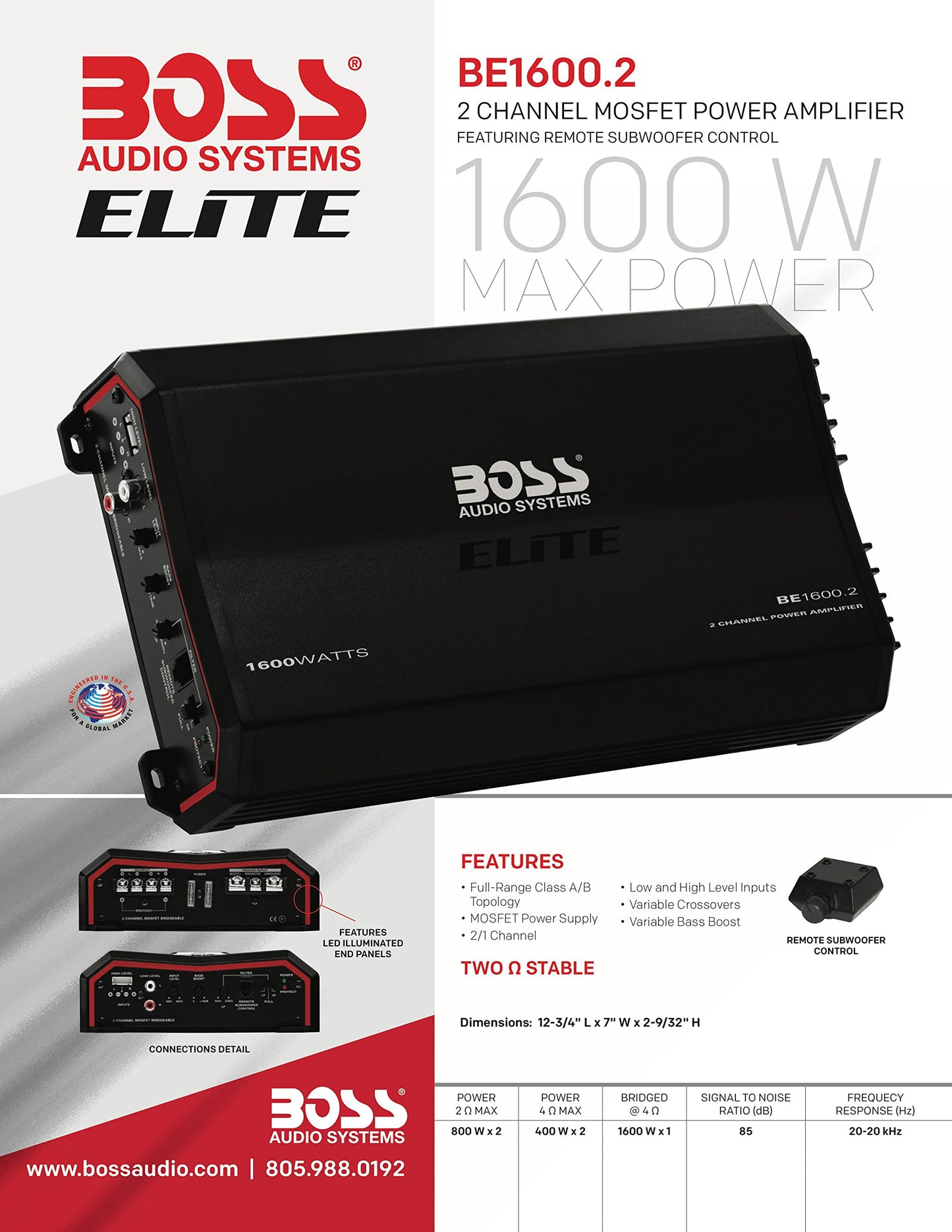 BOSS Audio BE1600.2 2 Channel Car Amplifier - 1600 Watts, Full Range Class A/B